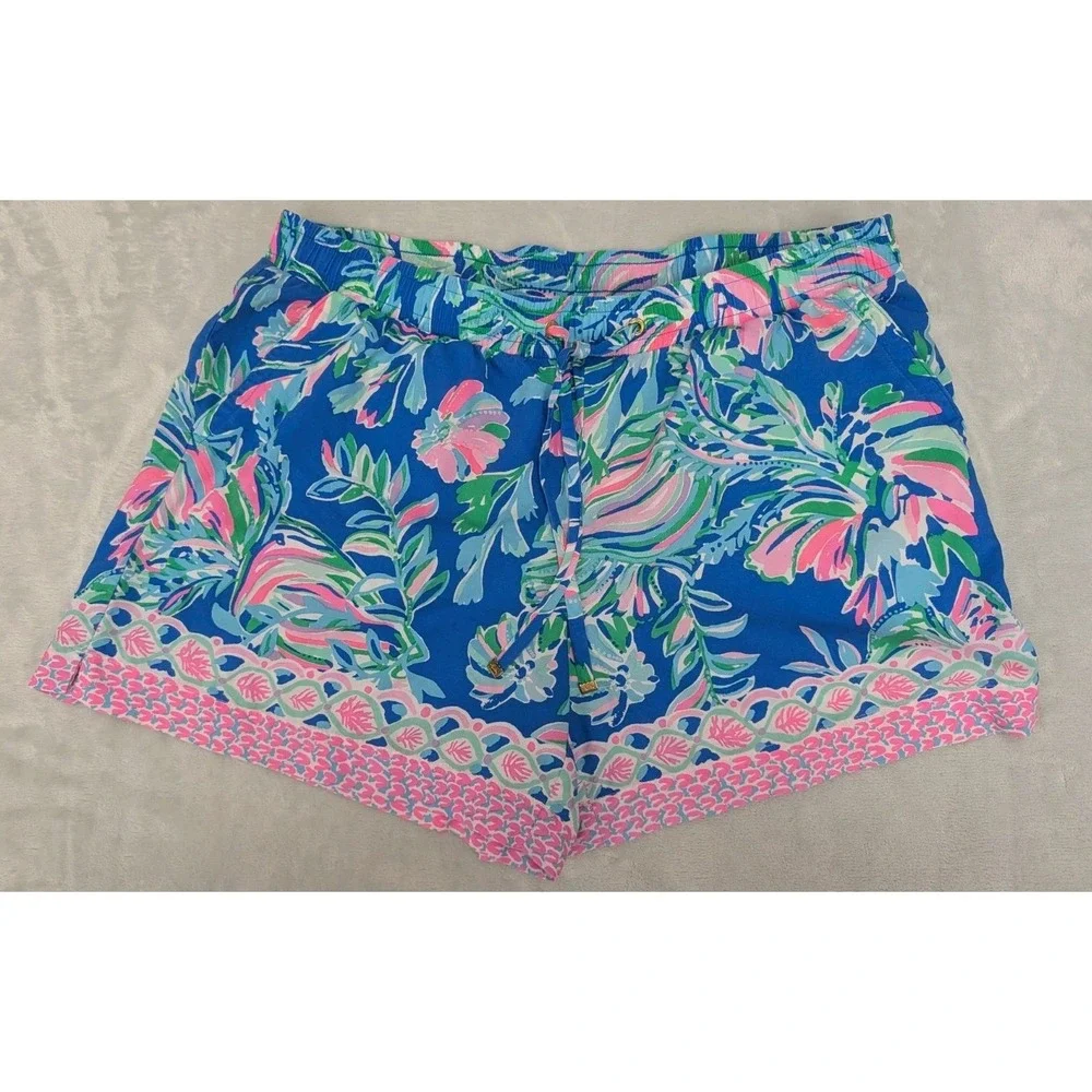 Lilly Pulizer Women's Large Shorts Blue Pink Coastal Flowy Classic Elastic Waist
